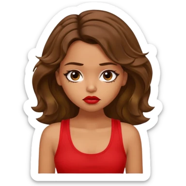 generate a pretty tan bratz girl with brown wavy hair long wearing a red tank top, red lipstick. Looking sad sticker
