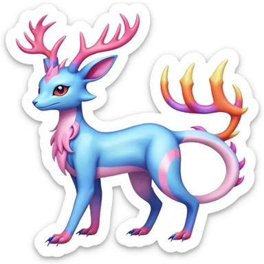 Shiny Heliolisk-Sylveon-Salandit-Amaura-Fakémon-hybrid-creature (full body)  with antlers sticker