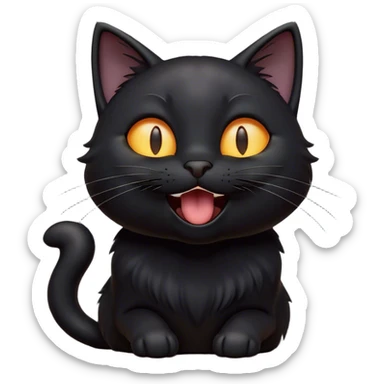 Cinematic Cute Black Cat Portrait Emoji, Head tilted playfully and yawning, sleek black fur with subtle hints of dark gray, Simplified yet adorable features, highly detailed, glowing with a warm, friendly glow, high shine, curious and affectionate, stylized with a touch of whimsy, bright and alert, soft glowing outline, capturing the essence of a mischievous yet loving kitten, so endearing it feels like it could leap out of the screen and stretch! sticker