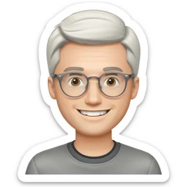 30 yr old pale white man, white/grey side swept stylish hair, round glasses, big smile, white teeth, handsome, longer hair, thin glasses,  smooth forehead, open collar, trendy sticker