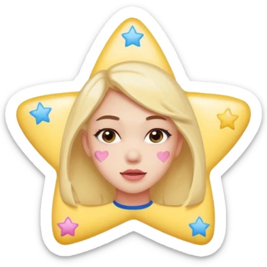 A cute emoji-style young woman with a small pimple on her cheek covered by a colorful pimple patch shaped like a star or heart,The sticker is glossy and pastel-colored (pink, yellow, blue). sticker