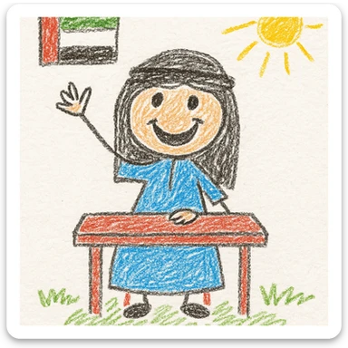 cheerful child character raising their hand in class, wearing traditional Emirati clothing, UAE flag visible in the background, colorful and playful style suitable for kids sticker
