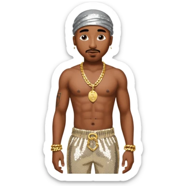 Tupac with silver sequin harem pants, shirtless with necklace sticker