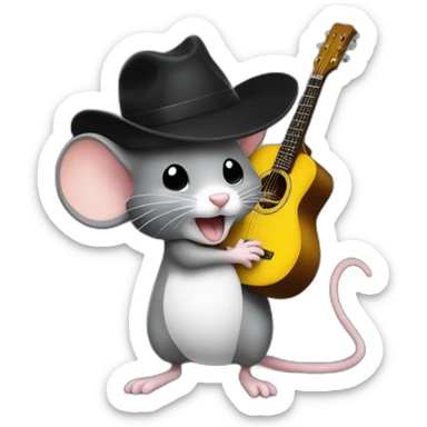 grey jerry mouse with white moustache, big black hat, and yellow guitar sticker