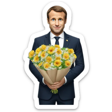 Macron avec un bouquet de fleurs dans les mains sticker