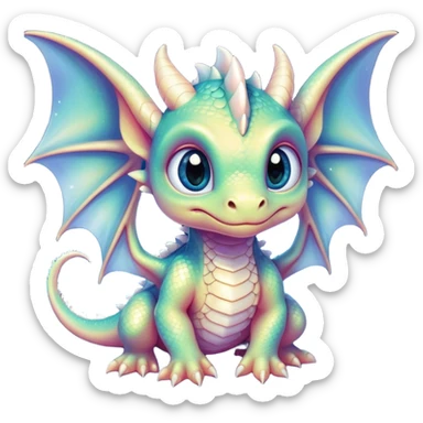 Airbrush painted image of an adorable little baby dragon with large glistening eyes under a deep galactic sky with pearlescent scales and wings spread against the stars sticker