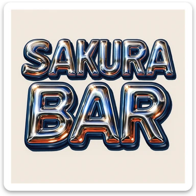Make the 'Sakura Bar' bubble letters font more Y2K style—futuristic, metallic, shiny, with playful curves and a retro 2000s vibe, keep orange and red colors. The style should reflect a glossy, metallic, and futuristic look typical of early 2000s design aesthetics. sticker