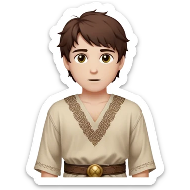 Medieval spring outfit worn by a DnD themed fantasy male character. Sand-colored cotton tunic featuring intricate knotwork patterns at the hem, cinched with a soft leather belt with brass details. Clothes only above the waist, full waist coverage. The character has no arms. Character is white-skinned with dark auburn hair, hazel eyes, and short messy hair with subtle waves. sticker