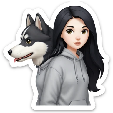 A girl with long black hair wearing a sweatshirt walks a black and white husky sticker