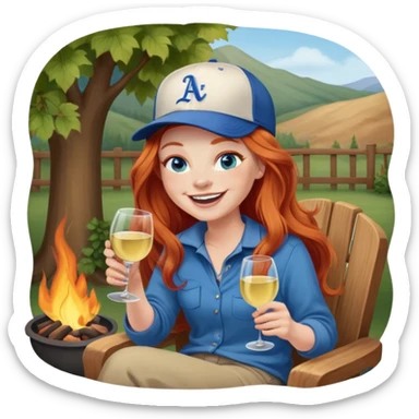 Laughing redhead with long hair and blue eyes wearing baseball cap holding white wine sitting in chair beside fire pit sticker