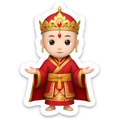 A small chibi-style monk character with red ceremonial robe with layered fabric and decorative gold-like patterns and an ornate red monk crown shaped like lotus petals.

 sticker