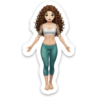 full body woman long curly brown hair brown eyes white skin tattoos muscular build lily pond spirit stance sticker