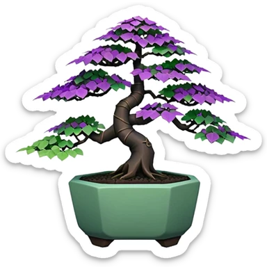  Earthenware small short squat cascading black green-violet bonsai purple maidenhair maple tree with triangular angular tiny-polygonal faceted asymmetrical originally shaped pot sticker
