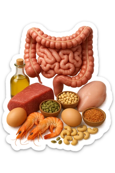 carne, uova, semi oleosi, legumi, crostacei insieme ad INTESTINO umanO realisticO, iperrealistici 4k sticker