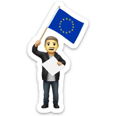 A man at a protest holding a poster with a crossed-out EU flag sticker