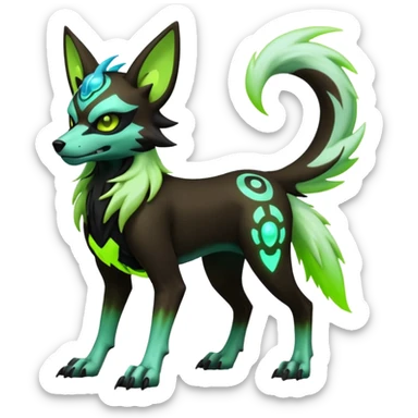 Hyper realistic demonic skeletal black and neon green futuristic shiny colorful bioluminescent cyber-Poochyena-Lycanroc-Zorua-Litten-Houndoom-Fakémon-Pokémon-Digimon-hybrid-fusion (full body) with a skull face sticker