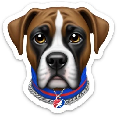 A dog, black boxer, wearing buffalo bills gear necklace  sticker