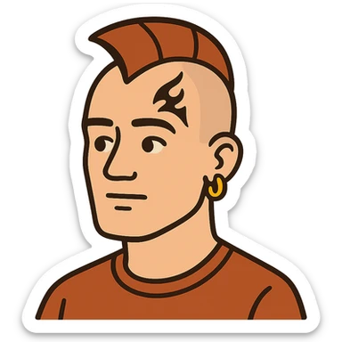 flat toon style head of a white man with mohawk, earring, and head tattoo sticker