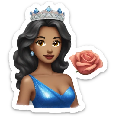 Beauty queen with peach skin, dark hair, wearing a “Miss Massachusetts” sash and wearing a crown and blue sparkly dress holding red roses sticker