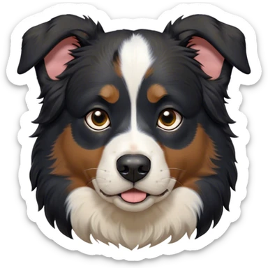 Cinematic Grumpy Black Tri Australian Shepherd Portrait Emoji, Head tilted slightly with a deeply unimpressed expression, thick black fur with bold white and tan markings, large, droopy dark eyes narrowed into an unamused glare, ears drooping in exasperation, Simplified yet comically expressive features, highly detailed, glowing with a dry, sarcastic glow, high shine, effortlessly judgmental yet dignified, stylized with a touch of cynicism, bright but brooding, soft glowing outline, capturing the essence of an eternally unimpressed yet endearing pup, so lifelike it feels like it could sigh heavily at you in disdain at any moment! sticker