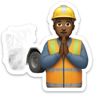 construction worker with hands in prayer standing directly in front of a DUMP TRUCK sticker