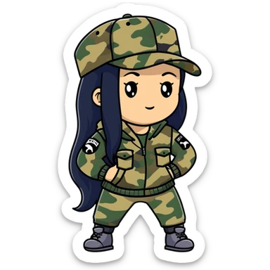 woman with long black hair in camouflage outfit wearing IC daddy cap sticker