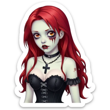 uma garota zumbi com o cabelo longo e vermelho vestindo um espartilho todo preto, com um colar de cruz sticker