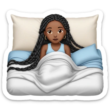 A dark-skinned Black woman with long black box braids, lying on her side in bed, wrapped in a blanket, resting on a pillow sticker