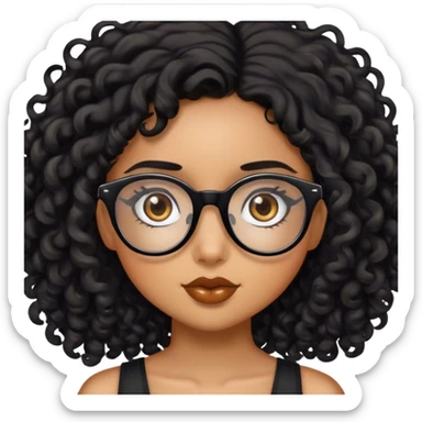 caramel skinned girl with 3b black curly hair and black glasses with dark brown eyes sticker