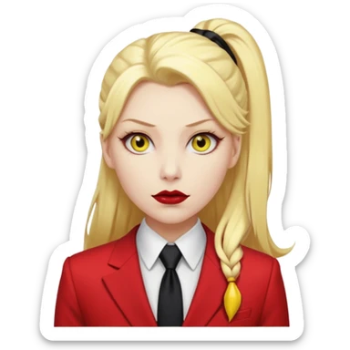 Woman with porcelain white skin, thick blonde hair that's in a thick, long ponytail, has a black nose, yellow scleras, red pupils, and a red suit with a black tie. Demon sticker