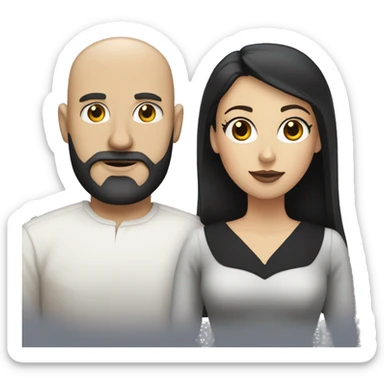Bald white man with black beard  and white woman with dark hair in dress attire  sticker