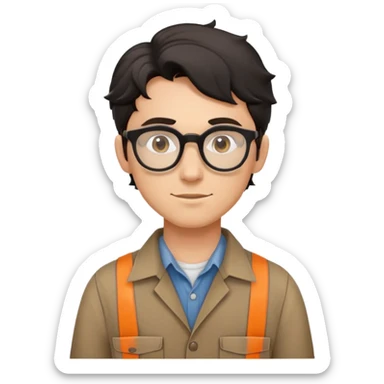 Young caucasian carpenter with black wavy hair, round glasses, brown work clothes with shirt underneath sticker