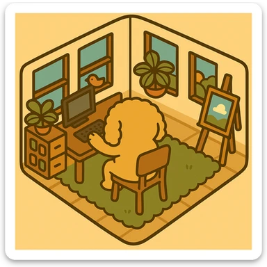 Adjust the dog to be sitting on the chair, back facing us, very close to the table, with paws on the keyboard, clearly using the computer, maintaining the original illustration style. sticker