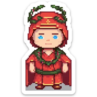 Julius Caesar with a red robe and laurel wreath, pixel art style sticker