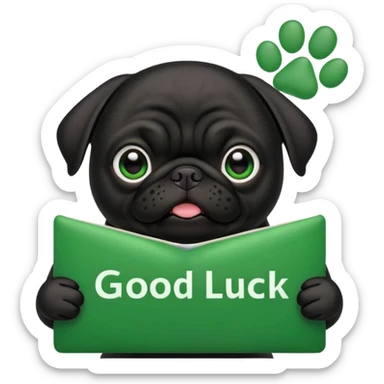 black pug with a green sign reading good luck sticker
