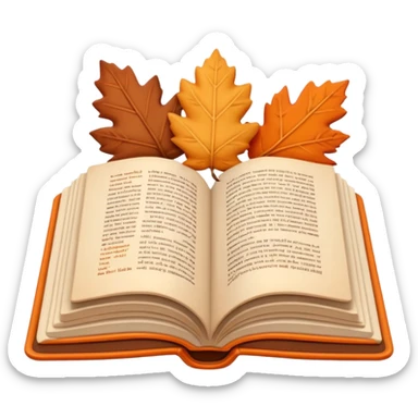 A cute 3D emoji of an open book with autumn leaves around it, cozy fall colors (orange, brown, beige), playful and modern style, glossy finish, minimalistic but expressive, symbolizing a Fall Reading Challenge. sticker