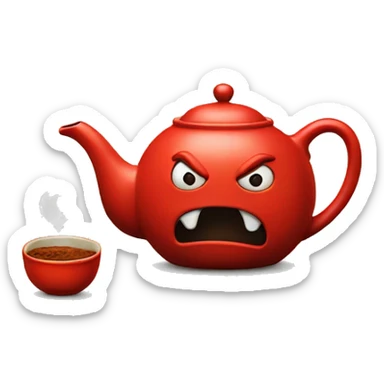 red teapot with a mean face sticker