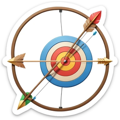 A bow with an arrow drawn back, aimed at a target with concentric rings. The background suggests a calm, outdoor archery range, emphasizing the precision, focus, and skill required in archery as a competitive sport. sticker