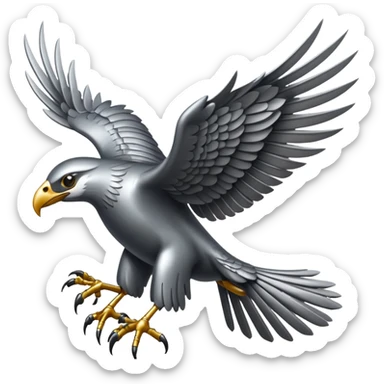 Emoji-style icon of a large metallic predatory bird flying, sharp wings, steel texture, dramatic pose, no gold no yellow sticker