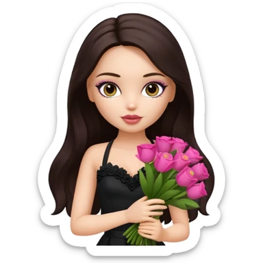 pretty bratz doll with makeup with dark halterneck top, long dark brown hair holding big bouquet of flowers sticker