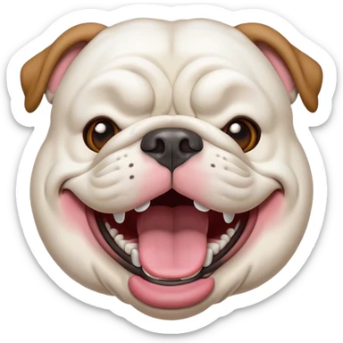 Cinematic Comical White English Bulldog Portrait Emoji, Head tilted dramatically with an exaggeratedly amused expression, featuring a striking pure white coat with a subtle sheen, wide, expressive brown eyes filled with playful disbelief, Simplified yet hilariously expressive features, highly detailed, glowing with a slightly sassy glow, high shine, dramatic yet playful, stylized with an air of cheeky defiance, bright and endearing, soft glowing outline, capturing the essence of a spirited and over-the-top guardian, so meme-worthy it feels like it could side-eye its way into internet fame instantly! sticker