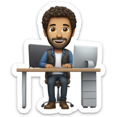 tall men working with his computer. light brown skin men with curly dark brown hair, brown eyes, little grown beard. imposing, bit muscular build. dressed casual. sticker