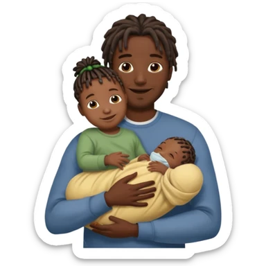 Happy African very dark black skinDad with short dread locs, with his faceless newborn in arm,faceless brown skin newborn baby in arm. Just one newborn baby no third person sticker