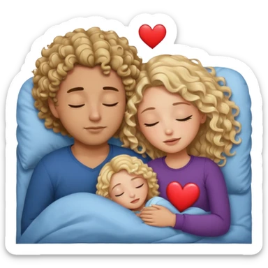 cuddling in bed, asleep. wavy haired blonde girl. man with curly,  dark brown hair. eyes closed. heart between them. no headboard sticker