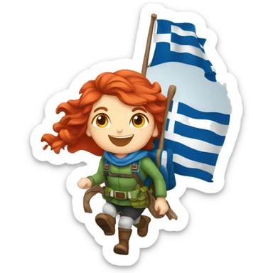 red hair female winter mountaineer climbing with Easter basket and Greek flag sticker