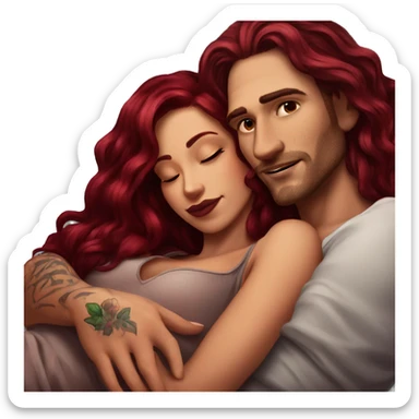 Beautiful tattooed burgundy long haired woman laying on the boyfriends chest sticker