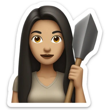 Beige Women with long dark hair holding big pointy shovel sticker