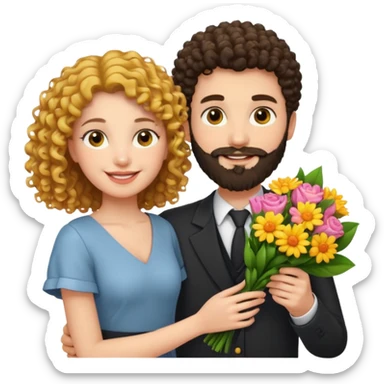 curly haired girl with yellow eyes and hair parted from the right side, smiling beside a handsome bearded man holding a bouquet, friendly sticker