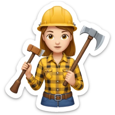 lumberjack woman holding axe yellow checked shirt sticker