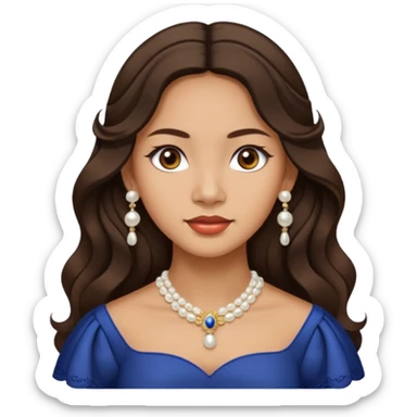 Tan Filipino woman with dark brown eyes and long dark wavy hair parted in the middle wearing a traditional filipiniana and white pearl stud earrings and no other jewelry sticker